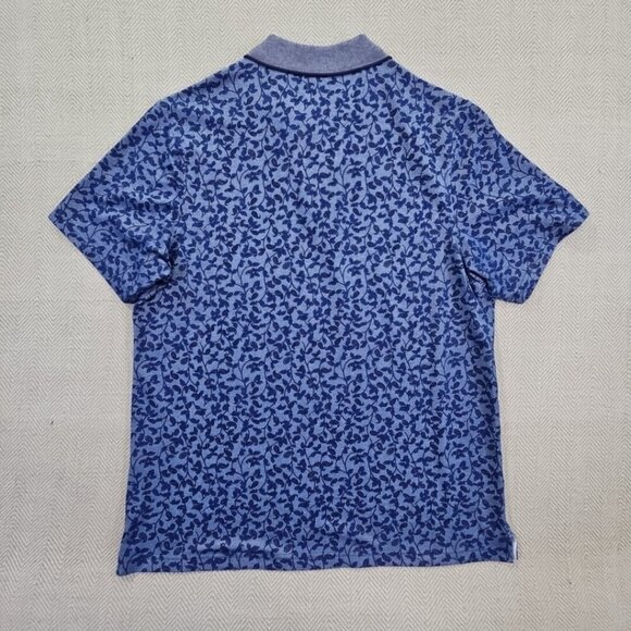 Tasso Elba Polo Shirt Men's Medium Navy Blue Floral Short Sleeve Hidden Buttons - Picture 9 of 12